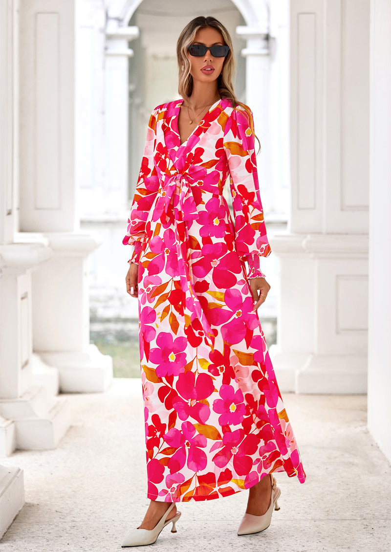 PRETTYGARDEN Women's Fall Boho Maxi Dress Floral Long Sleeve V Neck Flowy Belted Elegant Holiday Party Dresses