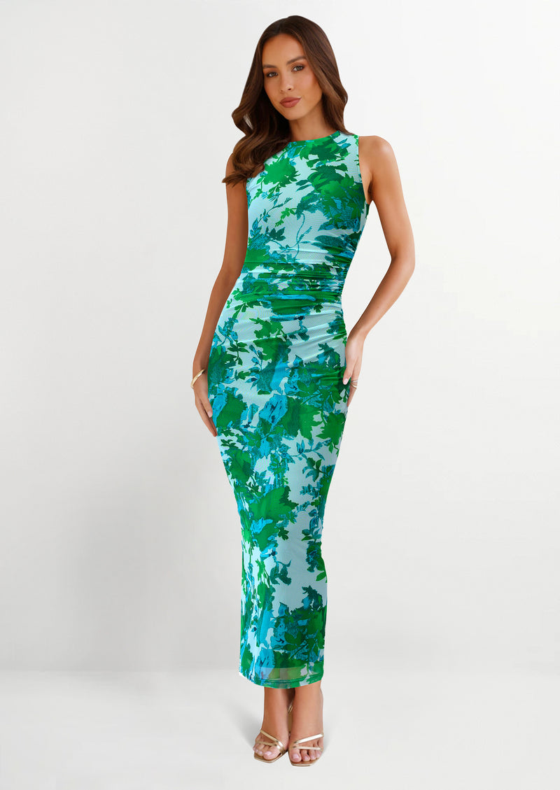 PRETTYGARDEN Wedding Guest Dresses for Women Spring Floral Bodycon Sleeveless Mesh Maxi Long Dress