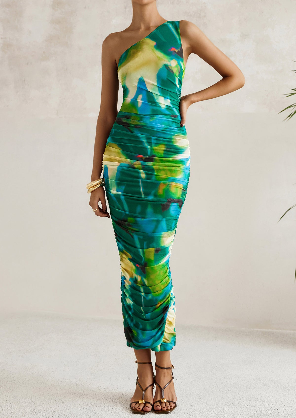 One Shoulder Bodycon Printed Ruched Mesh Party Cocktail Fitted Long Dress