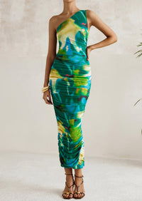 One Shoulder Bodycon Printed Ruched Mesh Party Cocktail Fitted Long Dress