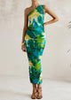 One Shoulder Bodycon Printed Ruched Mesh Party Cocktail Fitted Long Dress