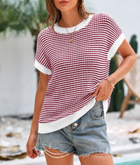 Short Sleeve Round Neck Striped Pullover Cap Sleeve Knit T-shirt