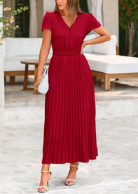 Casual Button V Neck Ruffle Cap Sleeve Long Flowy Pleated Maxi Dresses
