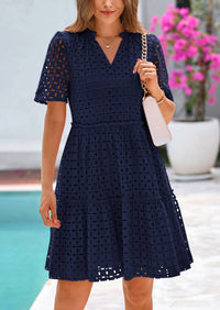 Short Sleeve V Neck Hollow Out Eyelet Ruffle A Line Swing Mini Dress