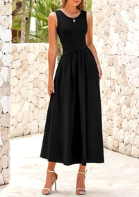 Casual Sleeveless Striped Ribbed Knit Long Dresses Beach Vacation Sundress