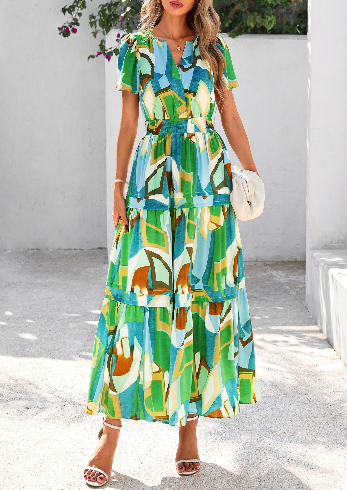 Boho Floral Short Sleeve V Neck A Line Tiered Ruffle Flowy Long Beach Vacation Maxi Dresses