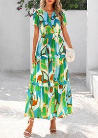 Boho Floral Short Sleeve V Neck A Line Tiered Ruffle Flowy Long Beach Vacation Maxi Dresses