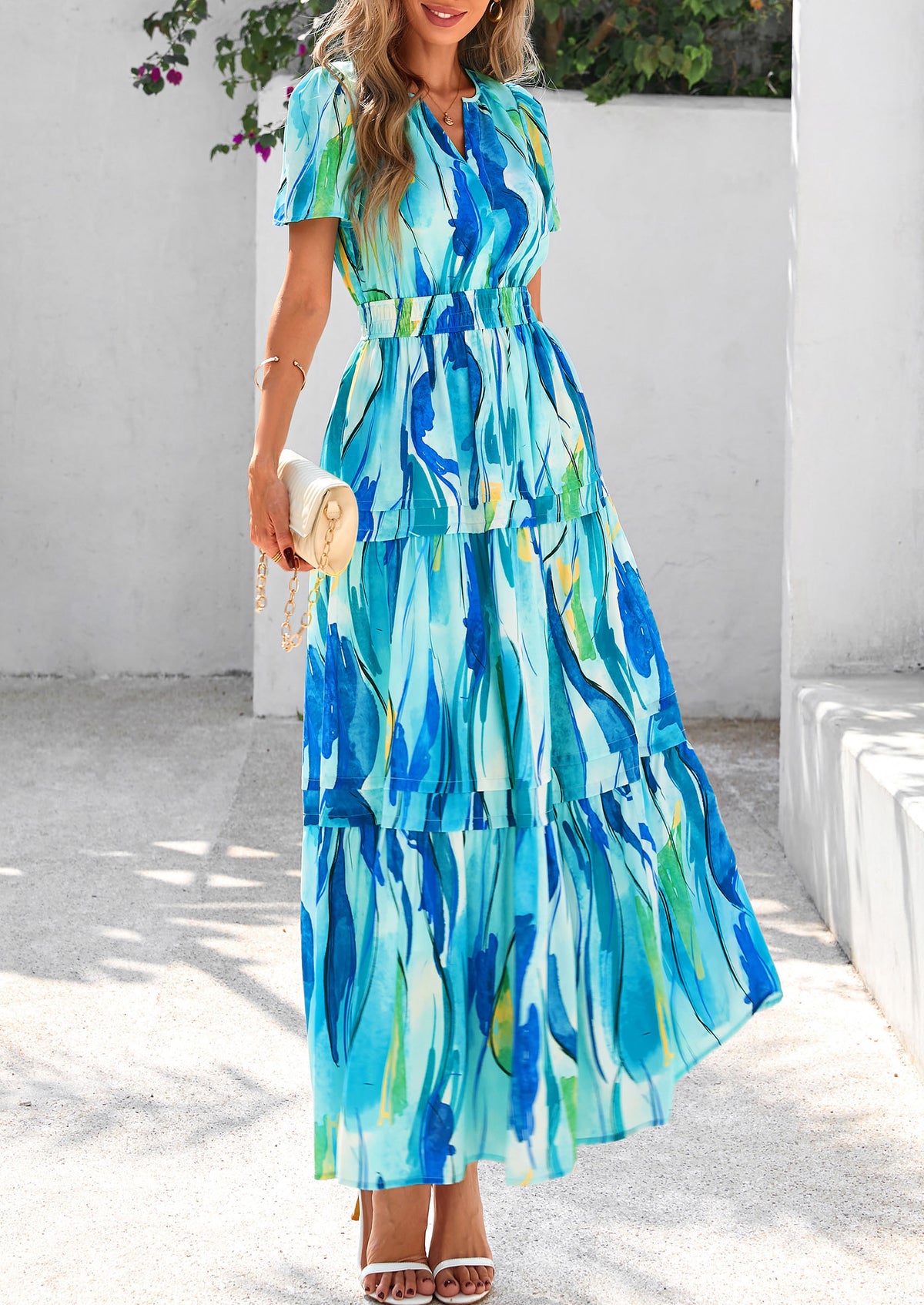 Boho Floral Short Sleeve V Neck A Line Tiered Ruffle Flowy Long Beach Vacation Maxi Dresses