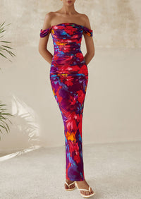 Ruched Bodycon Off Shoulder Floral Mesh Cocktail Party Fitted Maxi Dress