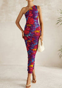 One Shoulder Bodycon Printed Ruched Mesh Party Cocktail Fitted Long Dress