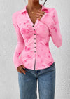 PRETTYGARDEN Women Button Down Floral Shirts Fall Trendy Long Sleeve V Neck Ruched Fitted Mesh Blouse Tops Date Outfits