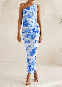 One Shoulder Bodycon Printed Ruched Mesh Party Cocktail Fitted Long Dress