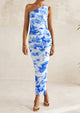 One Shoulder Bodycon Printed Ruched Mesh Party Cocktail Fitted Long Dress