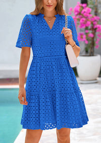 Short Sleeve V Neck Hollow Out Eyelet Ruffle A Line Swing Mini Dress