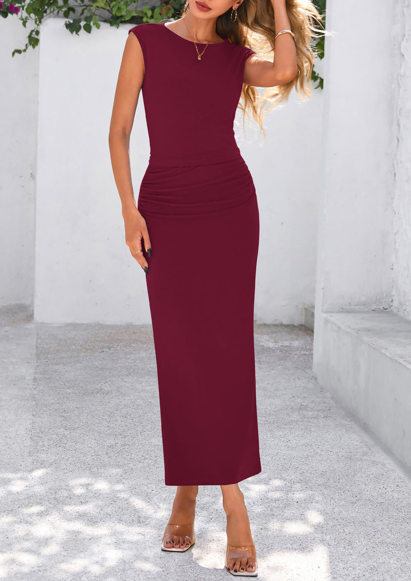 PRETTYGARDEN 2 Piece Sets Going Out Casual Cap Sleeve Crop Tops Ruched Maxi Long Skirts Outfits