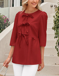 Babydoll Trendy 3/4 Length Puff Sleeve Bow Tie Front Cute Peplum Blouses