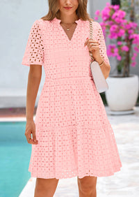 Short Sleeve V Neck Hollow Out Eyelet Ruffle A Line Swing Mini Dress