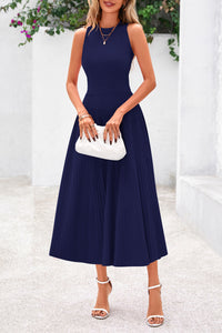 Sleeveless Crew Neck Knit A Line Pleated Swing Wedding Guest Casual Midi Dresses
