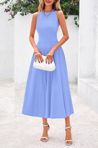 Sleeveless Crew Neck Knit A Line Pleated Swing Wedding Guest Casual Midi Dresses