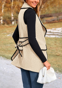 Tweed Sleeveless Lapel Button Front Belt Color Block Vest Jackets