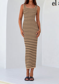 Casual Sleeveless Striped Ribbed Knit Beach Vacation Sundress Tank Midi Dress
