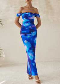 Ruched Bodycon Off Shoulder Floral Mesh Cocktail Party Fitted Maxi Dress