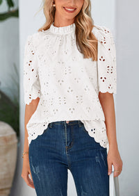 Short Sleeve Eyelet Embroidered Dressy Casual Blouse