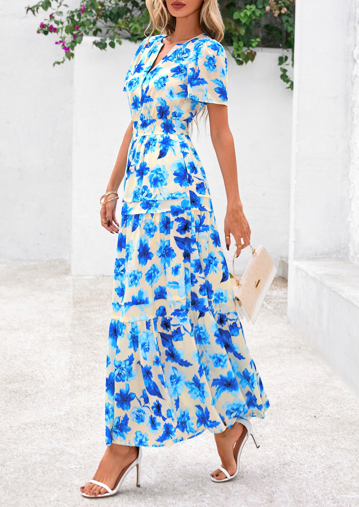 Boho Floral Short Sleeve V Neck A Line Tiered Ruffle Flowy Long Beach Vacation Maxi Dresses
