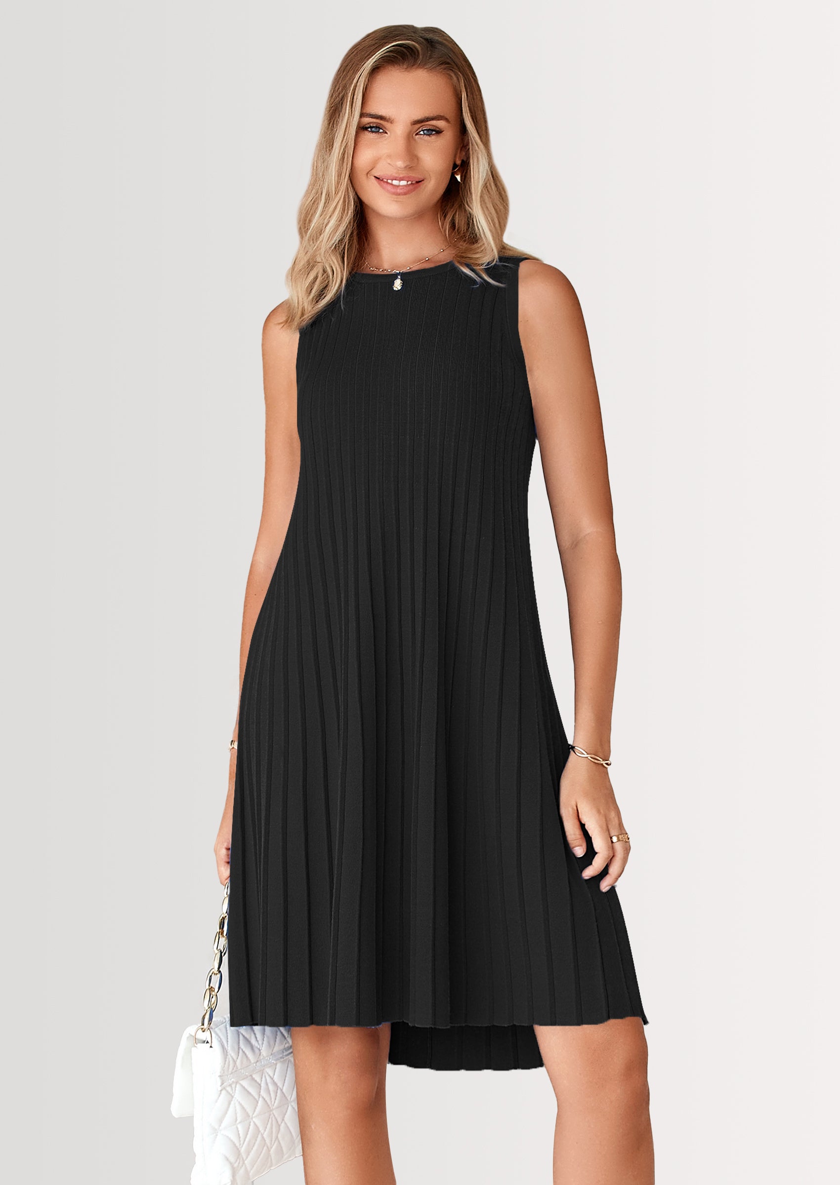 PRETTYGARDEN Womens Summer Sleeveless Mini Dress Crewneck Loose Tank A Line Pleated Swing Flowy Party Dresses