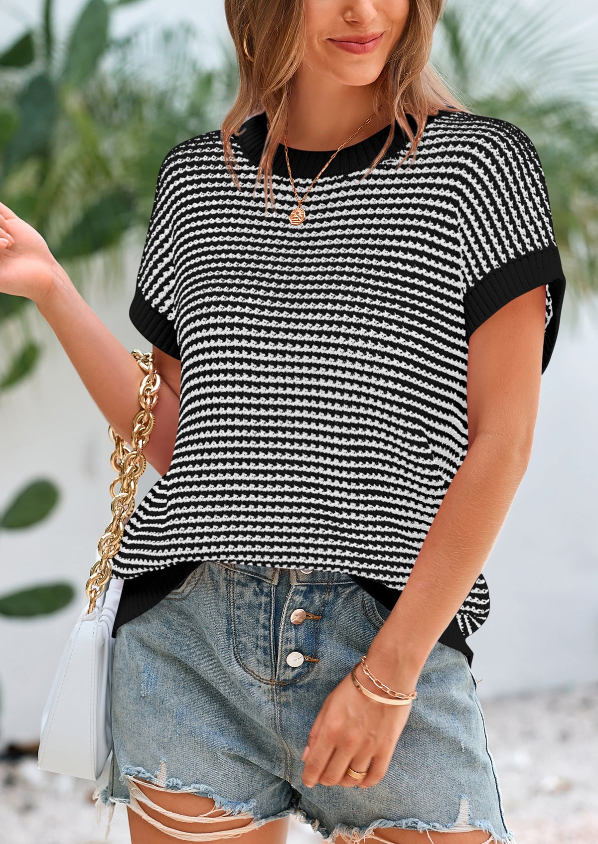 Short Sleeve Round Neck Striped Pullover Cap Sleeve Knit T-shirt
