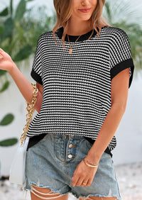 Short Sleeve Round Neck Striped Pullover Cap Sleeve Knit T-shirt