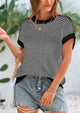 Short Sleeve Round Neck Striped Pullover Cap Sleeve Knit T-shirt