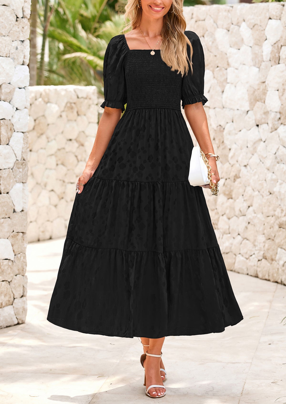 Casual Square Neck Short Sleeve Smocked A Line Floral Flowy Elegant Boho Midi Dresses