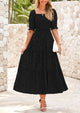 Casual Square Neck Short Sleeve Smocked A Line Floral Flowy Elegant Boho Midi Dresses