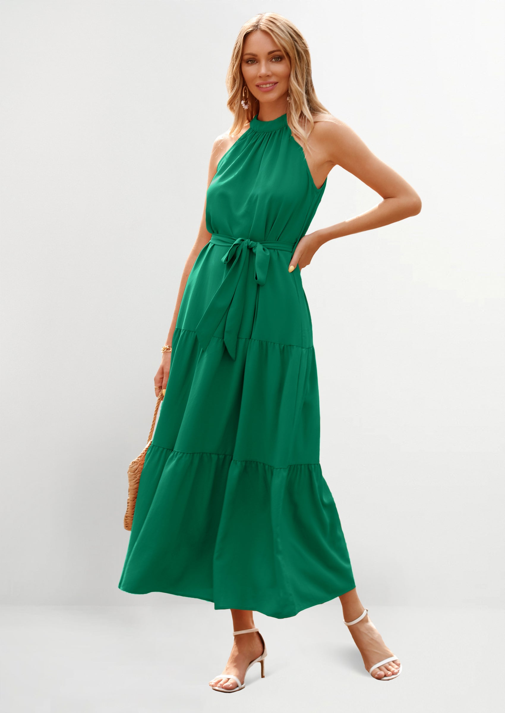 PRETTYGARDEN Women's Summer Floral Maxi Sun Dress Sleeveless Halter Neck Flowy Ruffle Hem Long Boho Dresses with Belt
