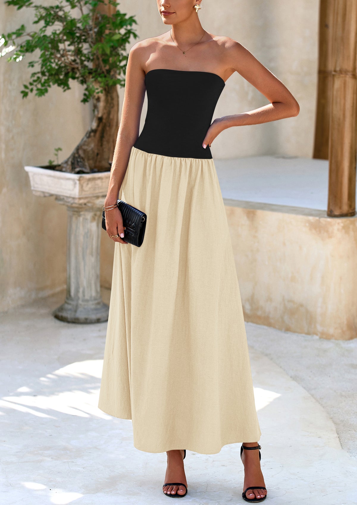 Strapless Patchwork Long Flowy Elegant Tube Top Maxi Dresses with Pockets