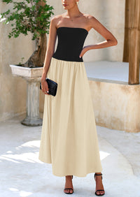 Strapless Patchwork Long Flowy Elegant Tube Top Maxi Dresses with Pockets