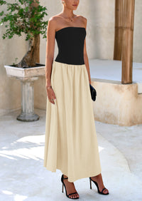 Strapless Patchwork Long Flowy Elegant Tube Top Maxi Dresses with Pockets