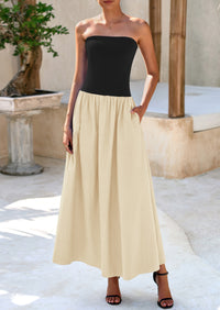 Strapless Patchwork Long Flowy Elegant Tube Top Maxi Dresses with Pockets