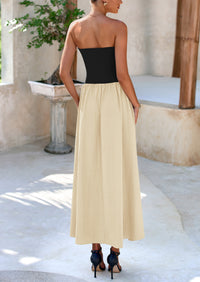 Strapless Patchwork Long Flowy Elegant Tube Top Maxi Dresses with Pockets