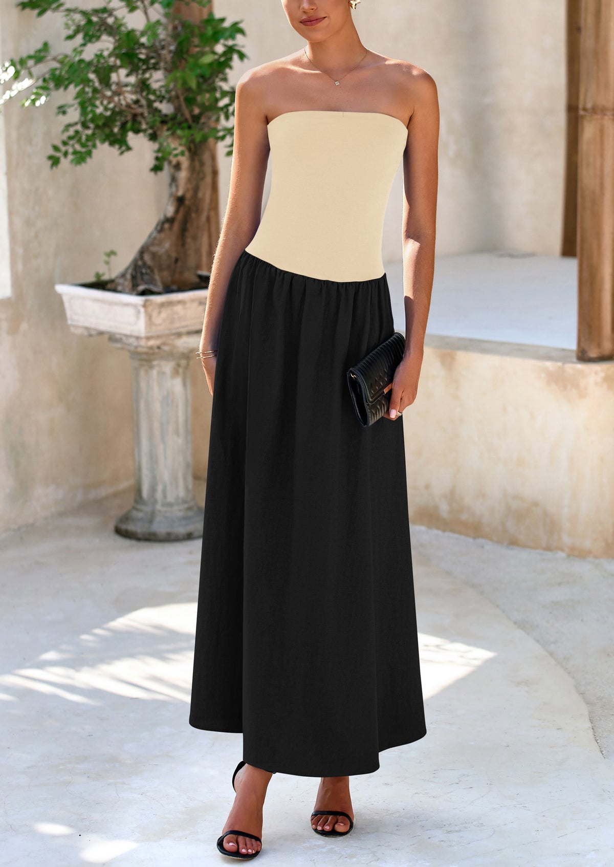 Strapless Patchwork Long Flowy Elegant Tube Top Maxi Dresses with Pockets