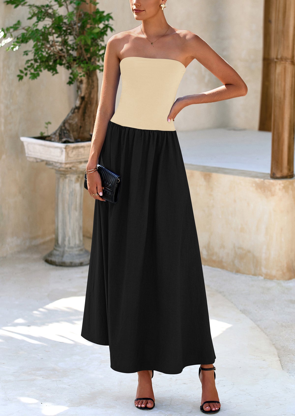 Strapless Patchwork Long Flowy Elegant Tube Top Maxi Dresses with Pockets