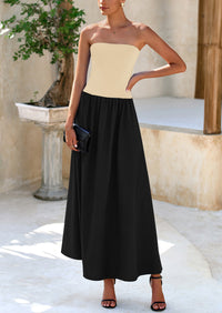 Strapless Patchwork Long Flowy Elegant Tube Top Maxi Dresses with Pockets