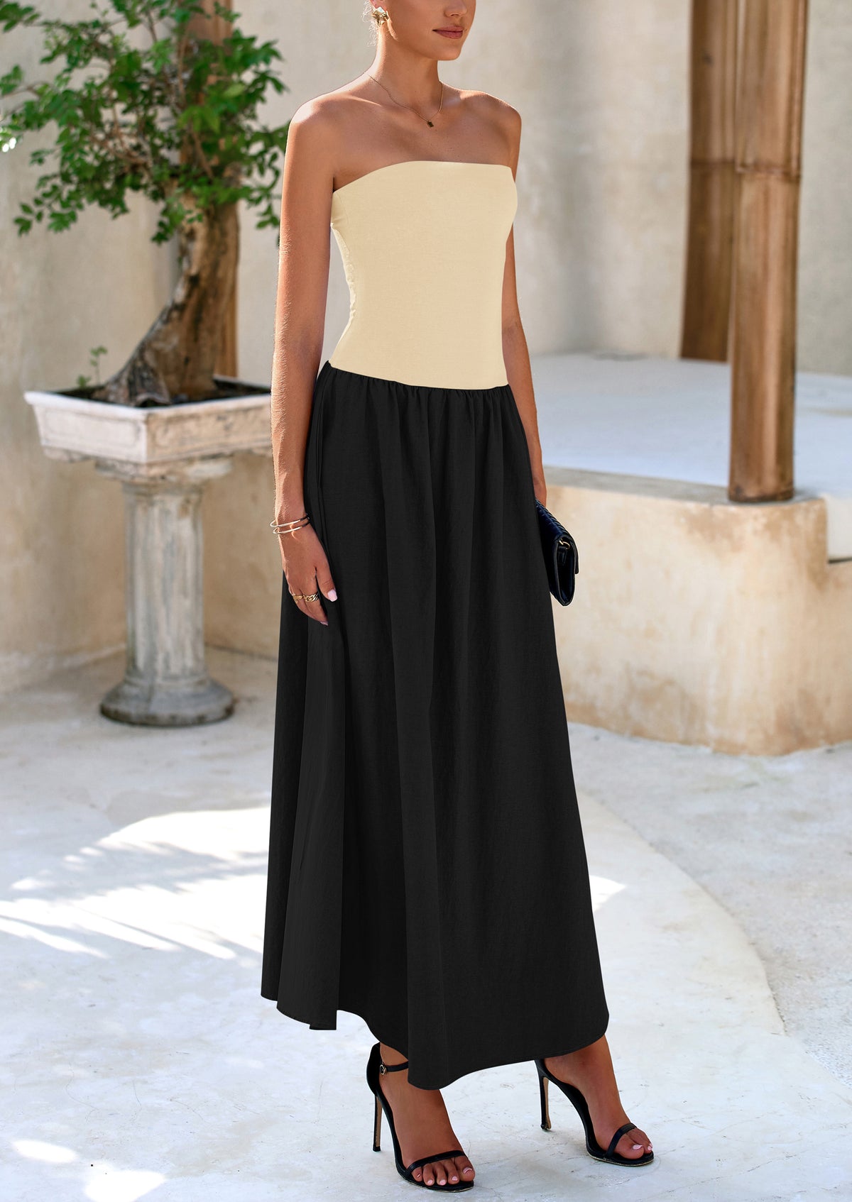 Strapless Patchwork Long Flowy Elegant Tube Top Maxi Dresses with Pockets