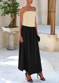 Strapless Patchwork Long Flowy Elegant Tube Top Maxi Dresses with Pockets