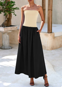 Strapless Patchwork Long Flowy Elegant Tube Top Maxi Dresses with Pockets