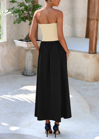 Strapless Patchwork Long Flowy Elegant Tube Top Maxi Dresses with Pockets