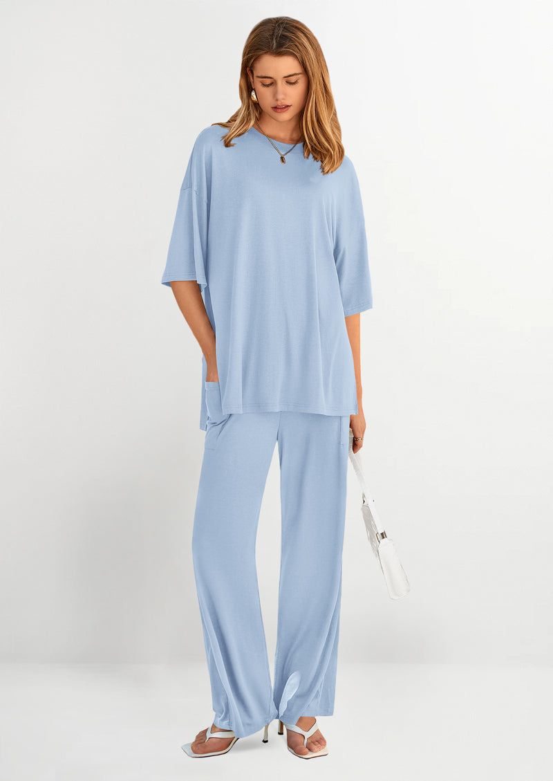 PRETTYGARDEN Women's 2 Piece Outfits Casual Short Sleeve Pullover Tops and Wide Leg Pants Lounge Sets Tracksuits