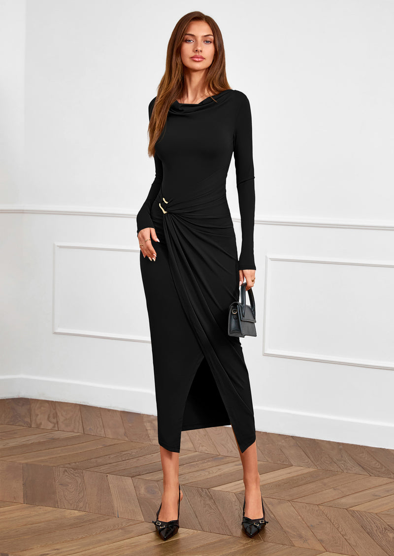 PRETTYGARDEN Women's Fall Wedding Guest Cocktail Midi Dresses Elegant Long Sleeve Bodycon Ruched Dress Fashion Clothing