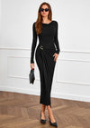 PRETTYGARDEN Women's Fall Wedding Guest Cocktail Midi Dresses Elegant Long Sleeve Bodycon Ruched Dress Fashion Clothing